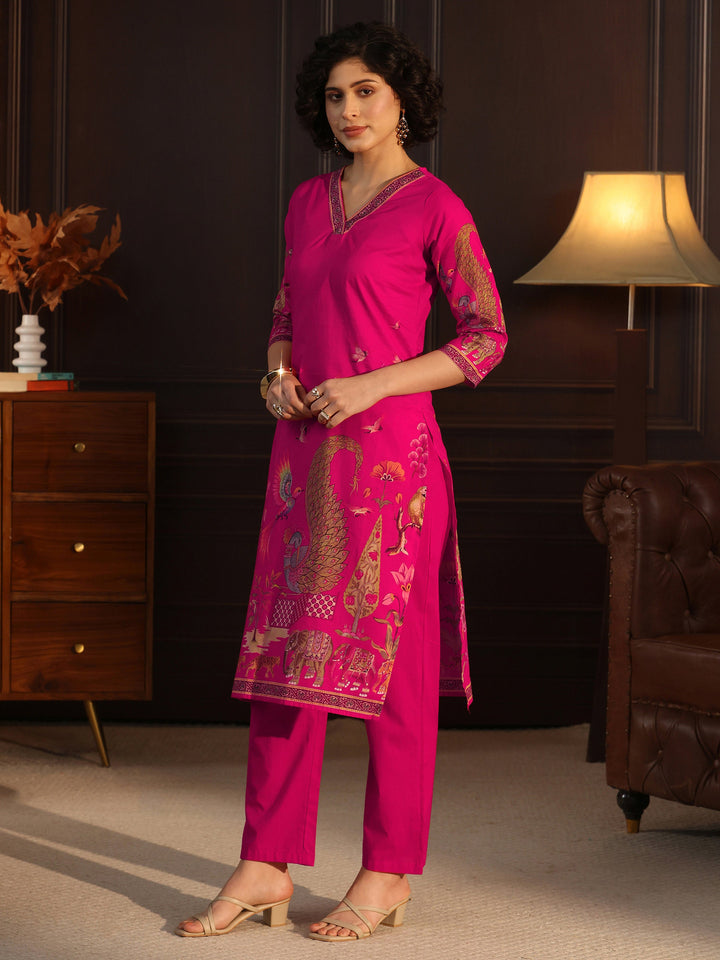 Libas Magenta Pink Tribal Printed Cotton Straight Suit Set