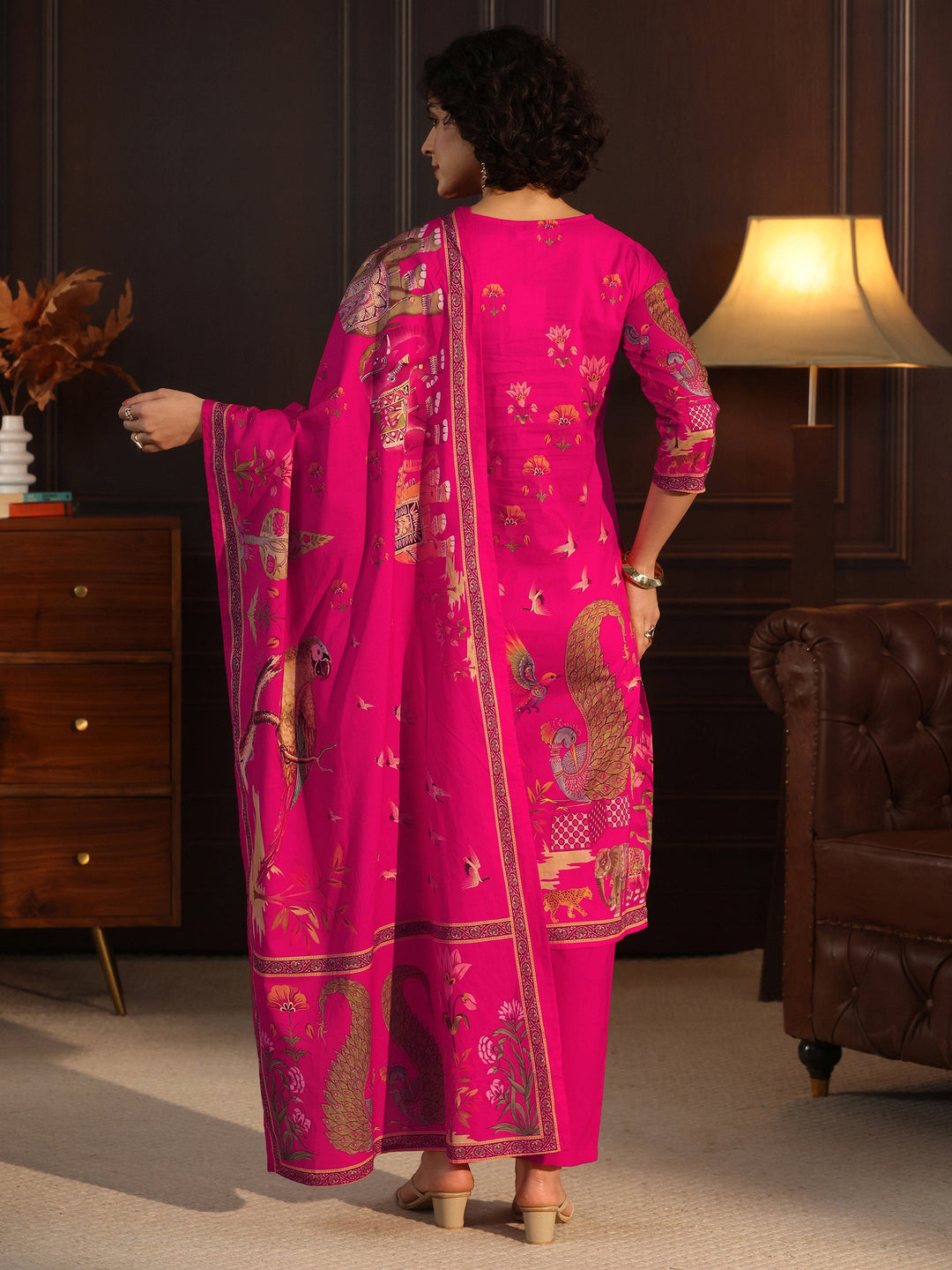 Libas Magenta Pink Tribal Printed Cotton Straight Suit Set