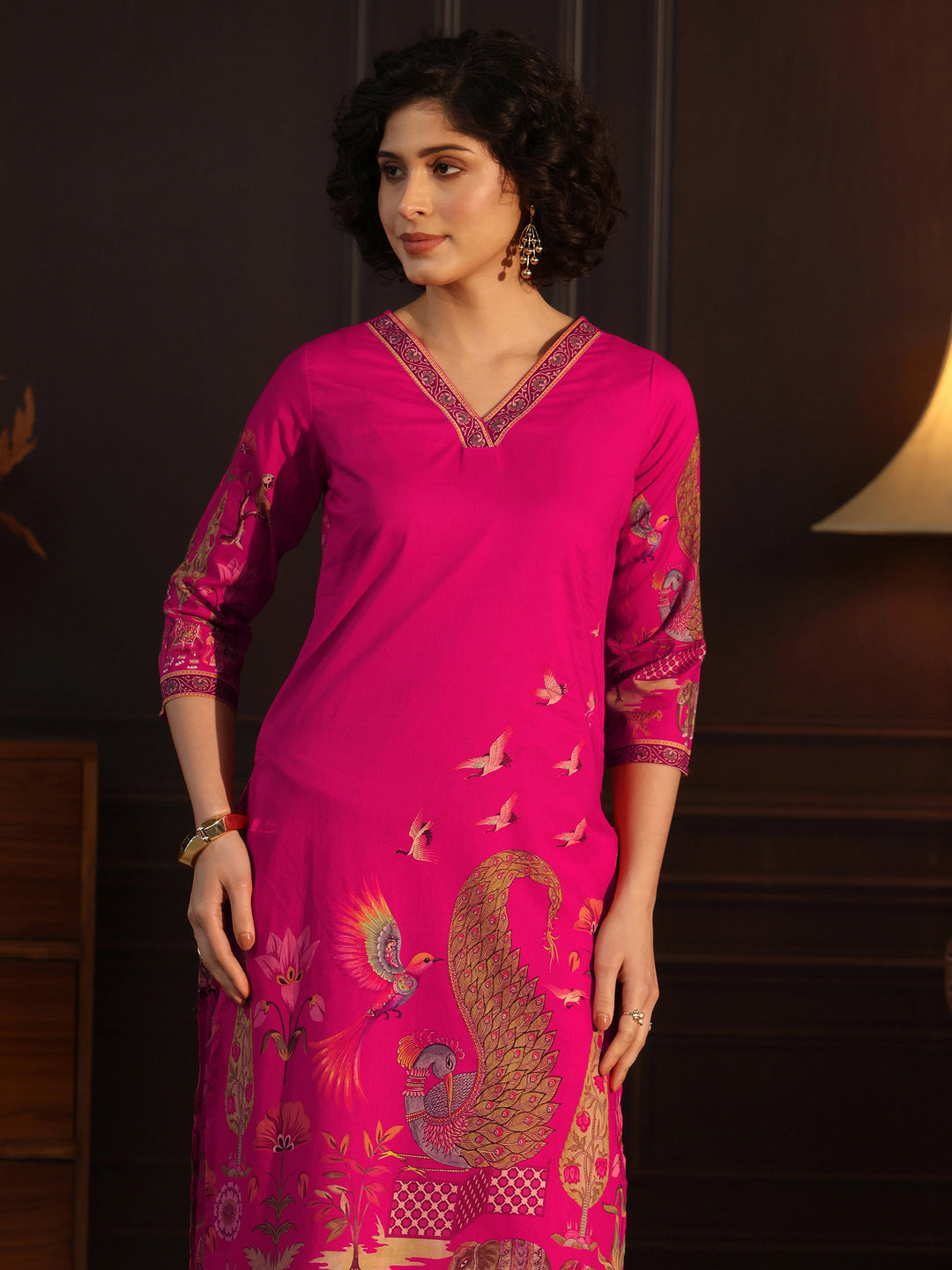 Libas Magenta Pink Tribal Printed Cotton Straight Suit Set