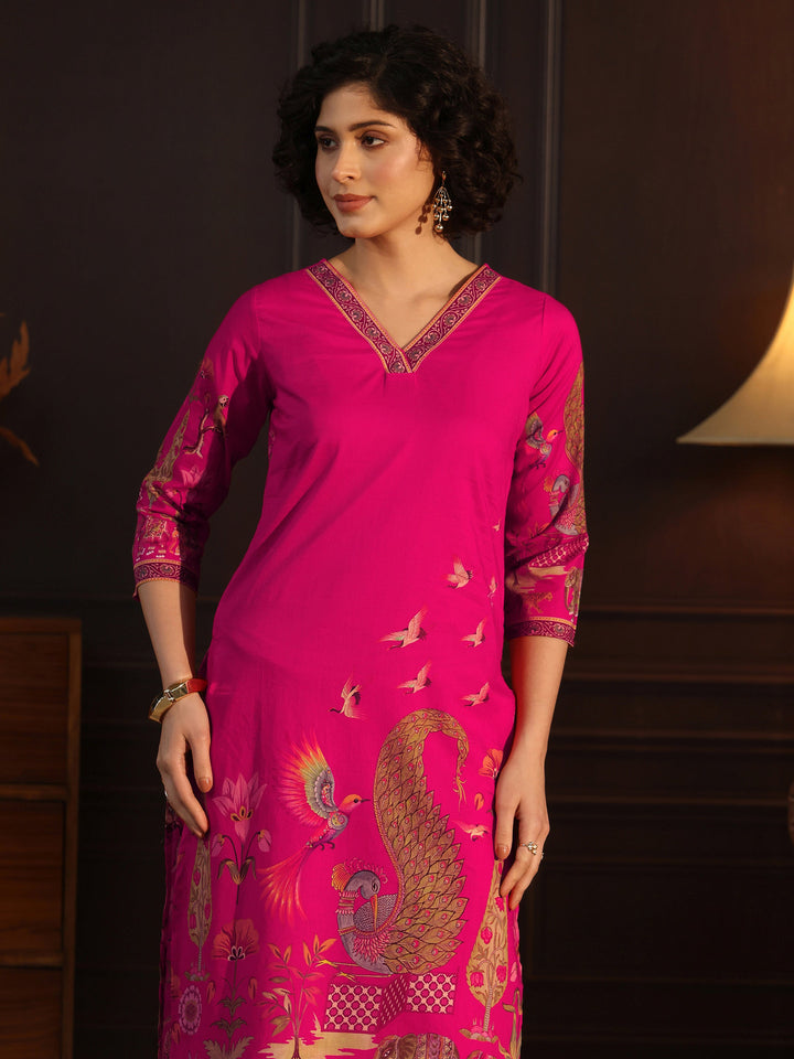 Libas Magenta Pink Tribal Printed Cotton Straight Suit Set