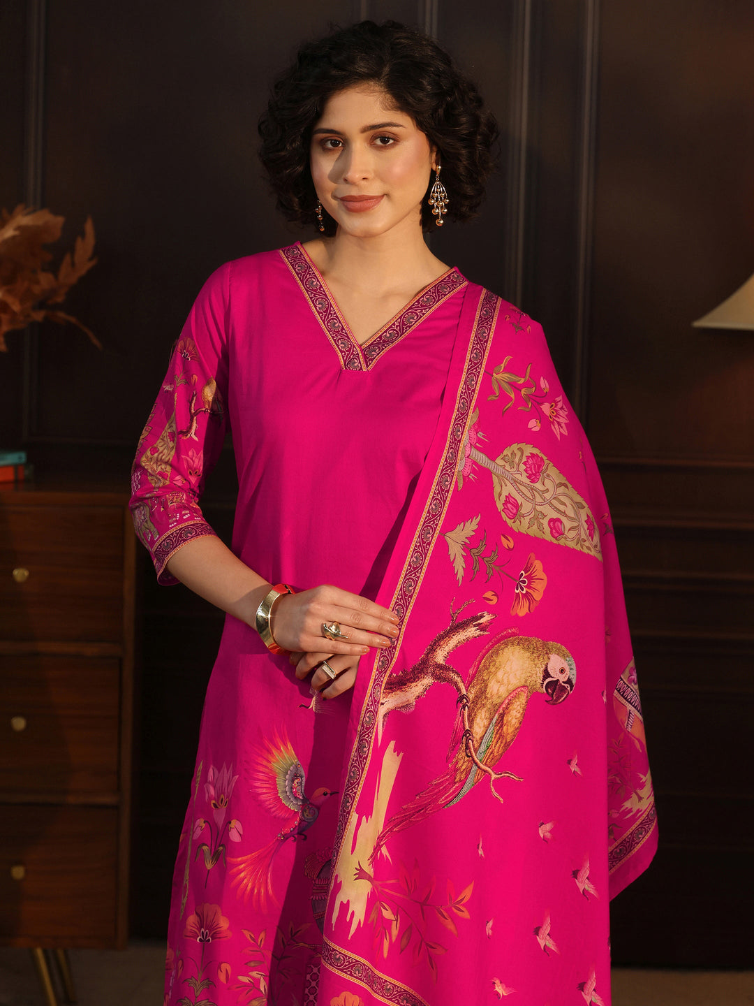 Libas Magenta Pink Tribal Printed Cotton Straight Suit Set