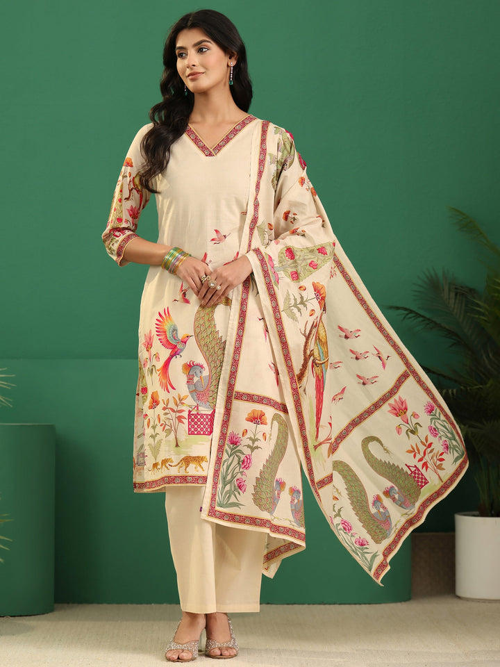 Libas Cream Heritage Print Cotton Straight Suit Set