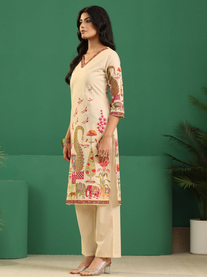 Libas Cream Heritage Print Cotton Straight Suit Set