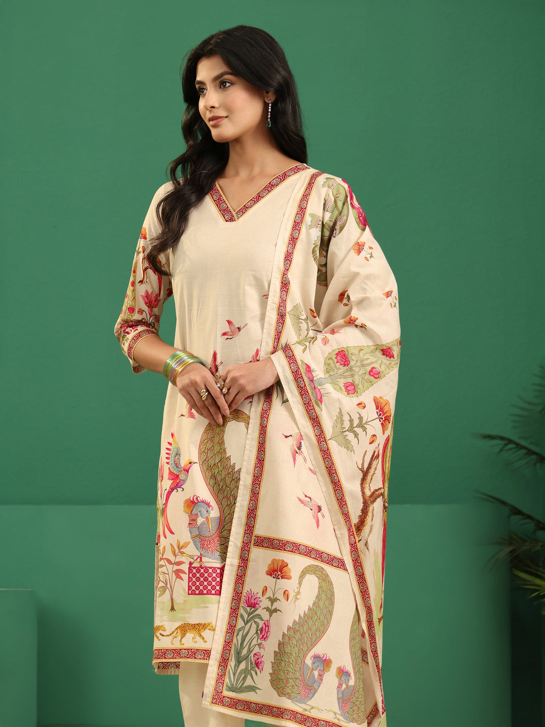 Libas Cream Heritage Print Cotton Straight Suit Set