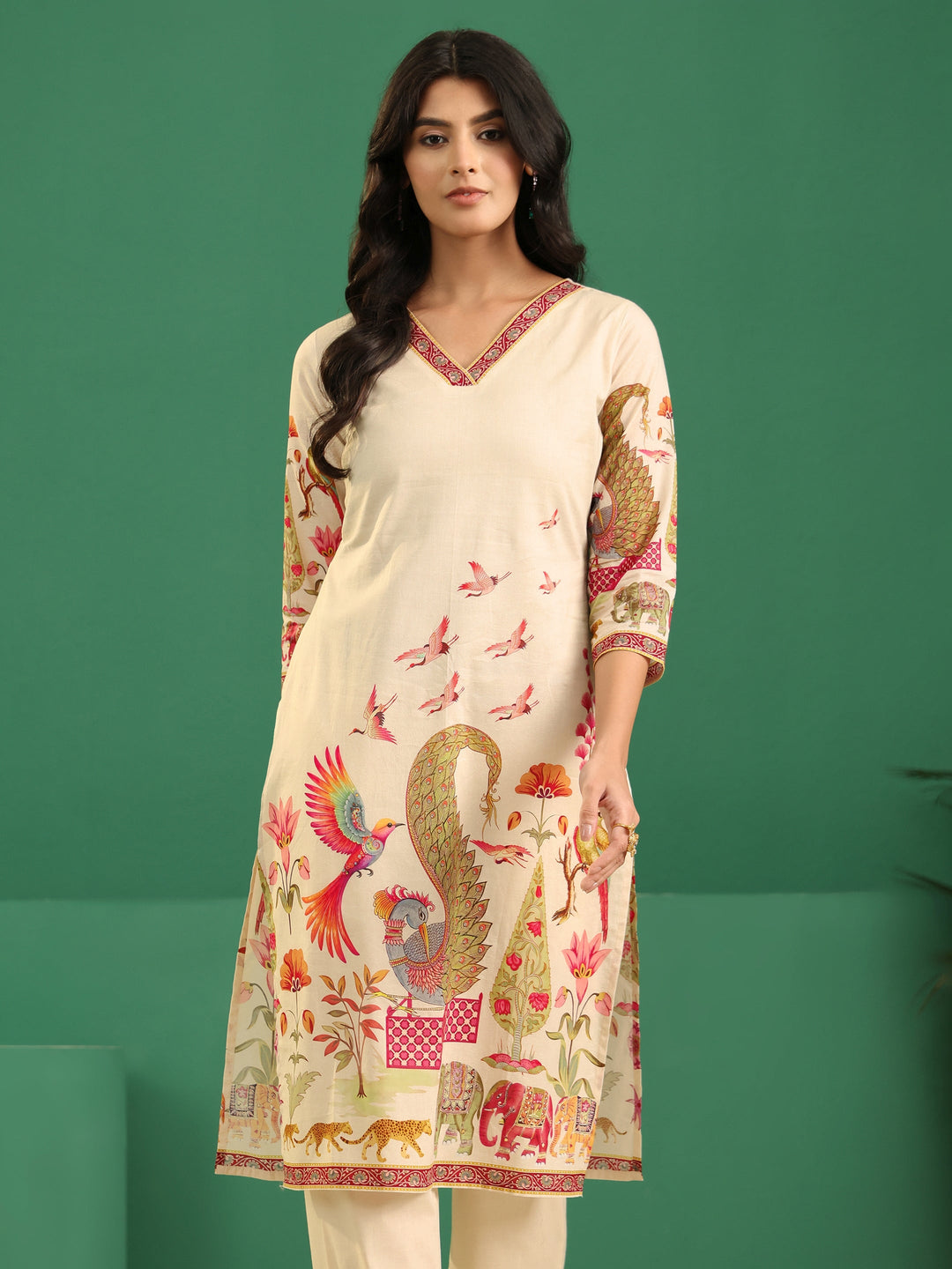 Libas Cream Heritage Print Cotton Straight Suit Set