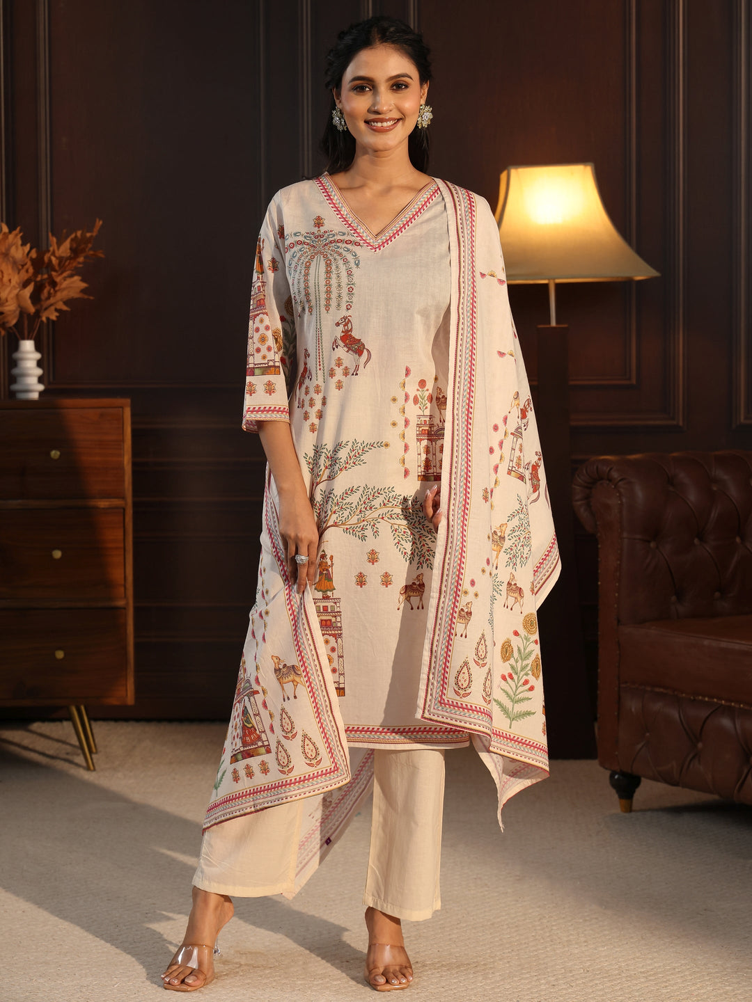 Libas Cream Pichwai Print Cotton Straight Suit Set
