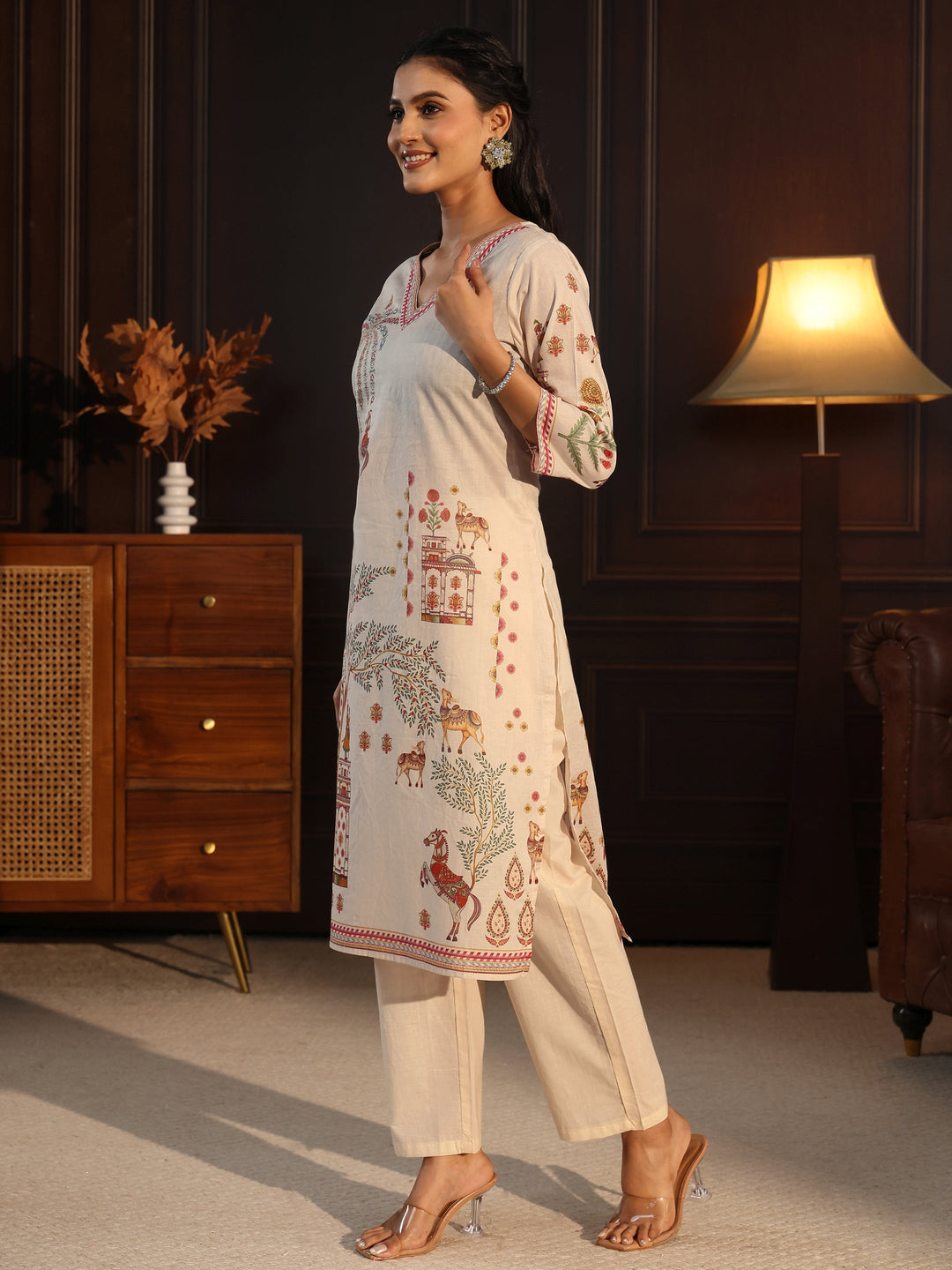 Libas Cream Pichwai Print Cotton Straight Suit Set