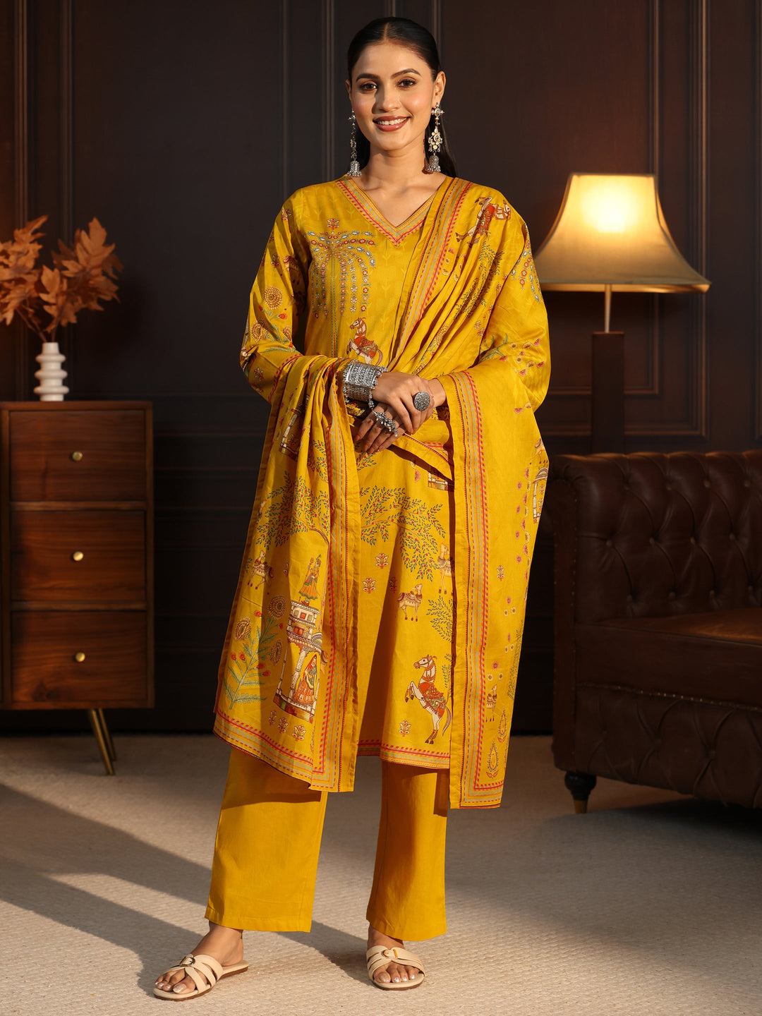 Libas Mustard Tribal Printed Cotton Straight Suit Set