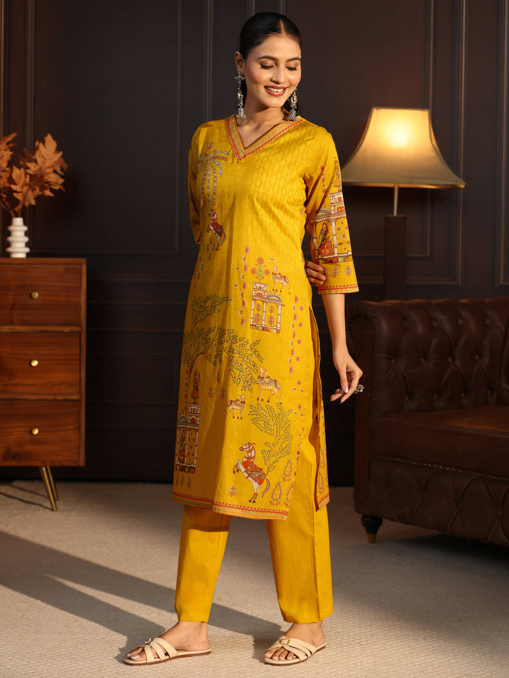 Libas Mustard Tribal Printed Cotton Straight Suit Set