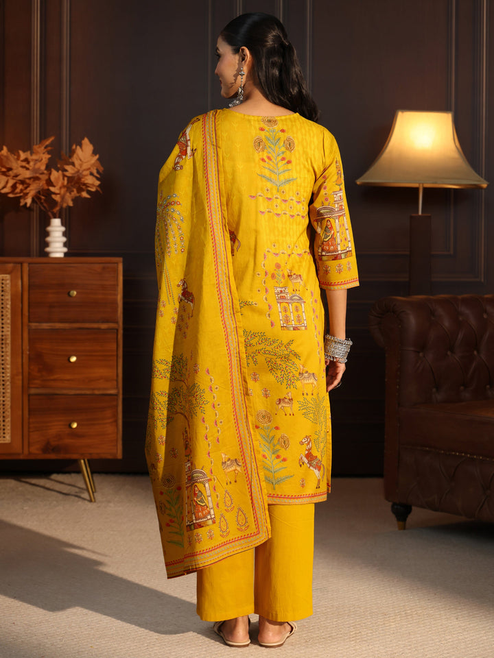 Libas Mustard Tribal Printed Cotton Straight Suit Set