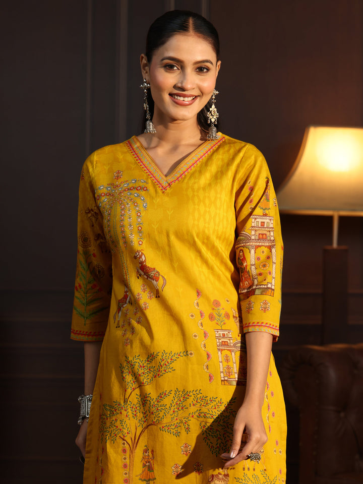 Libas Mustard Tribal Printed Cotton Straight Suit Set