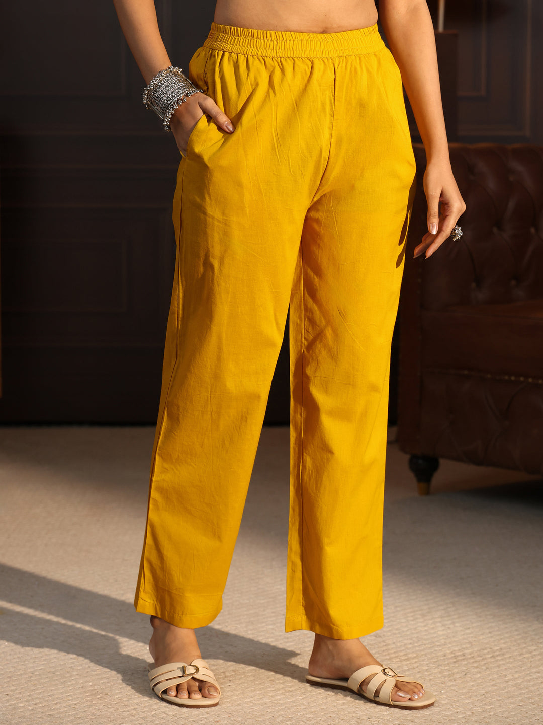 Libas Mustard Tribal Printed Cotton Straight Suit Set
