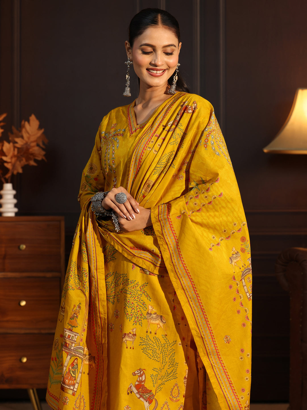Libas Mustard Tribal Printed Cotton Straight Suit Set