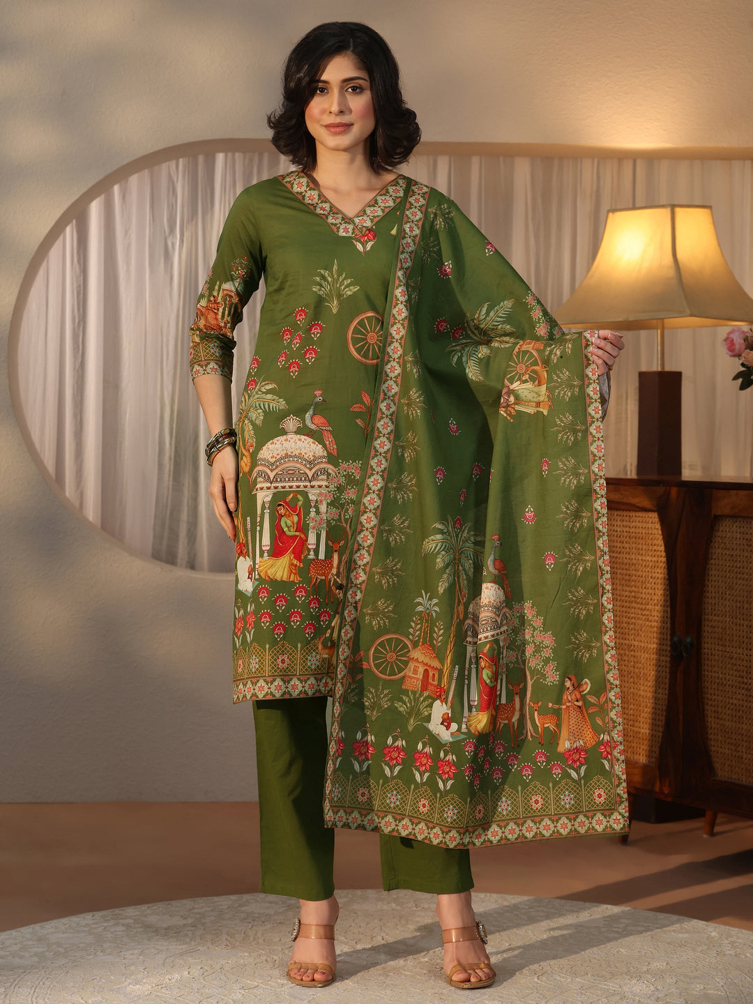 Libas Green Tribal Printed Cotton Straight Suit Set