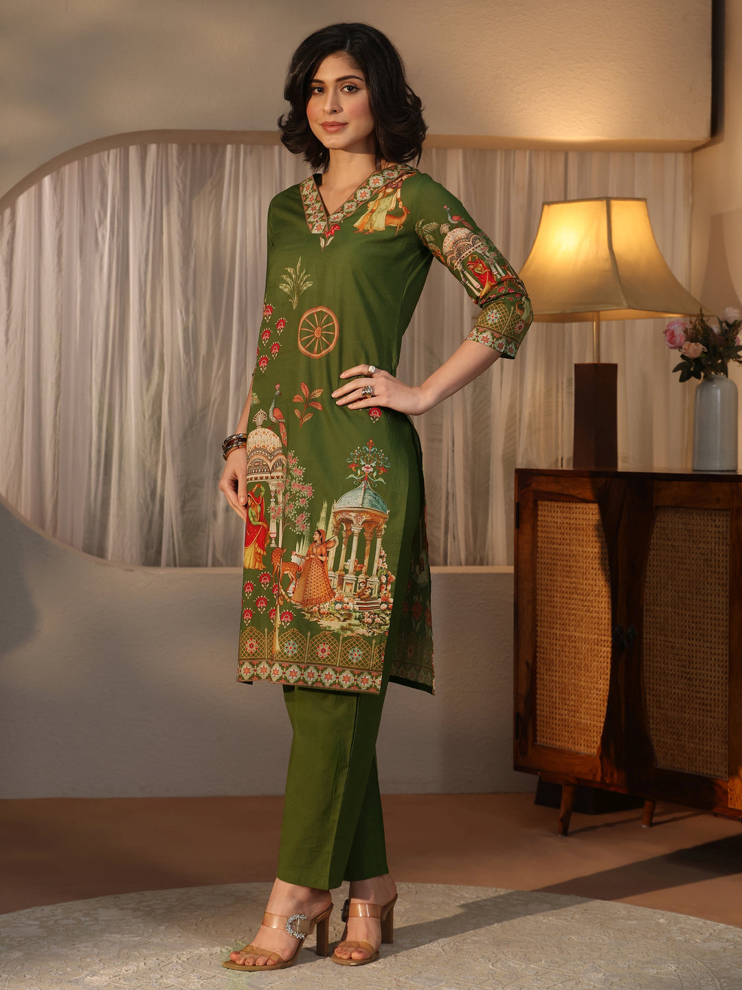 Libas Green Tribal Printed Cotton Straight Suit Set