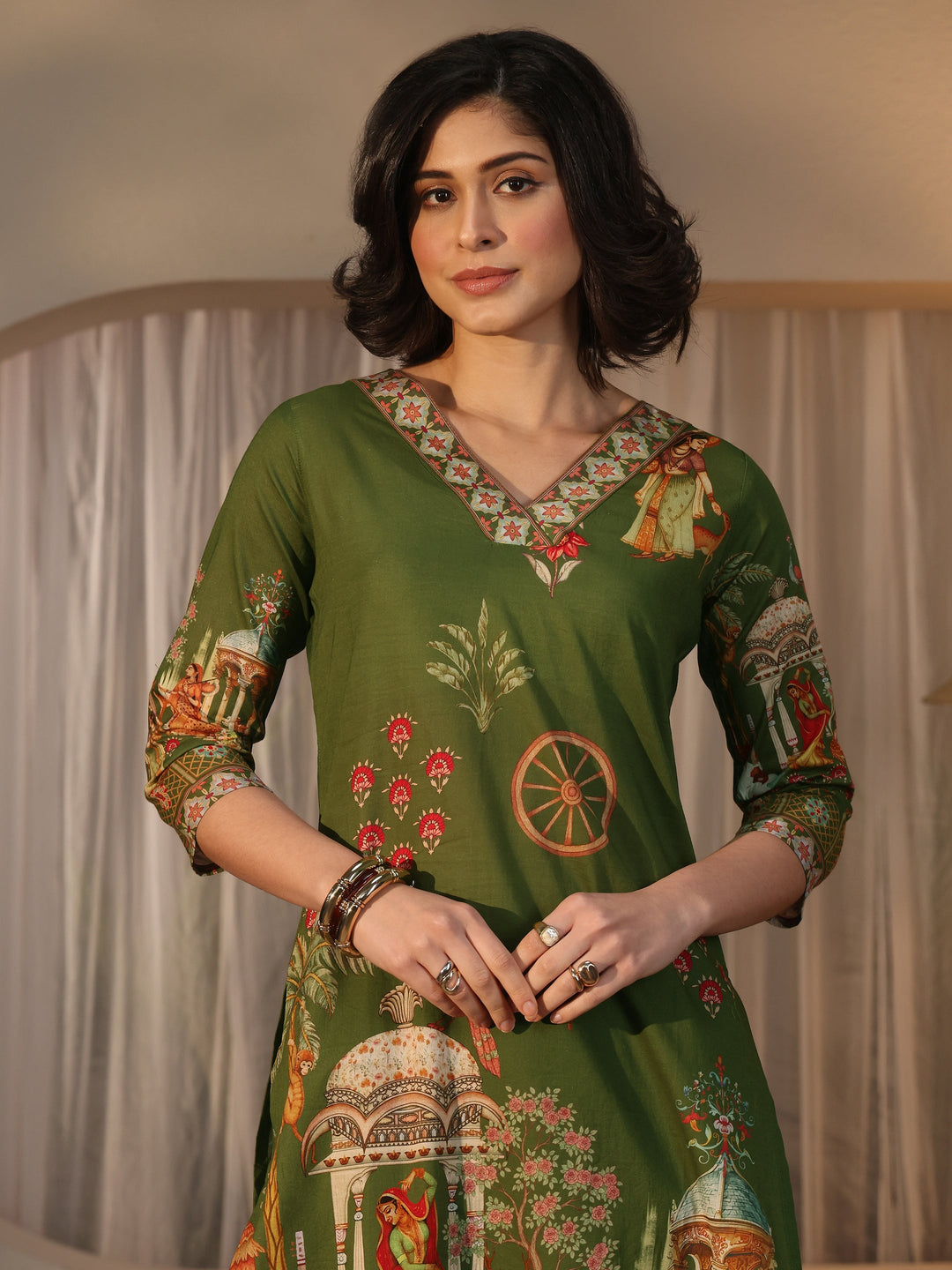 Libas Green Tribal Printed Cotton Straight Suit Set