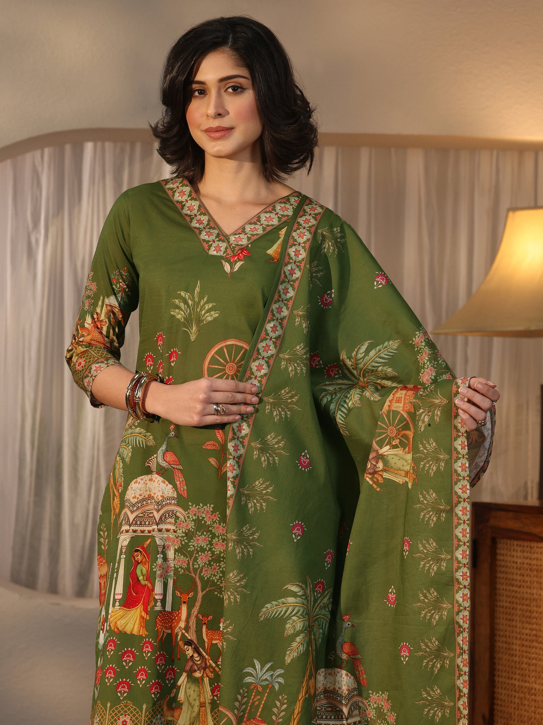 Libas Green Tribal Printed Cotton Straight Suit Set