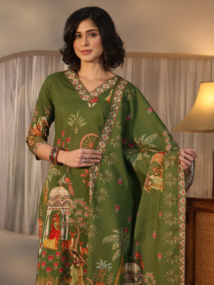 Libas Green Tribal Printed Cotton Straight Suit Set