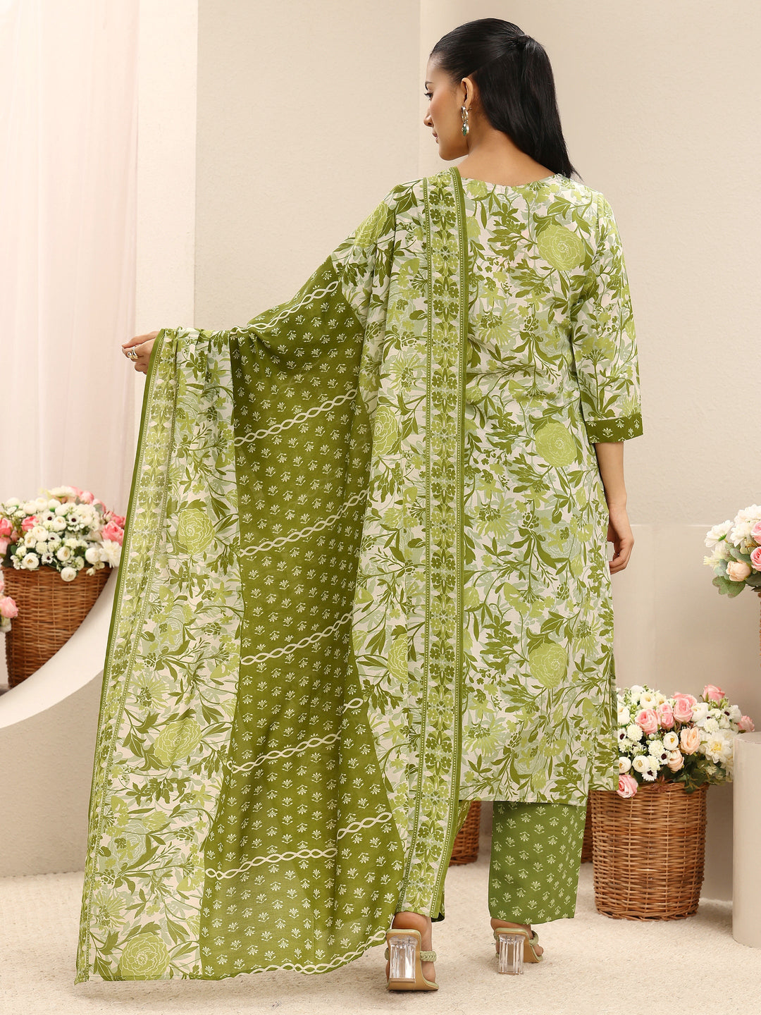 Green Floral Printed Cotton Blend Straight Suit Set With Dupatta
