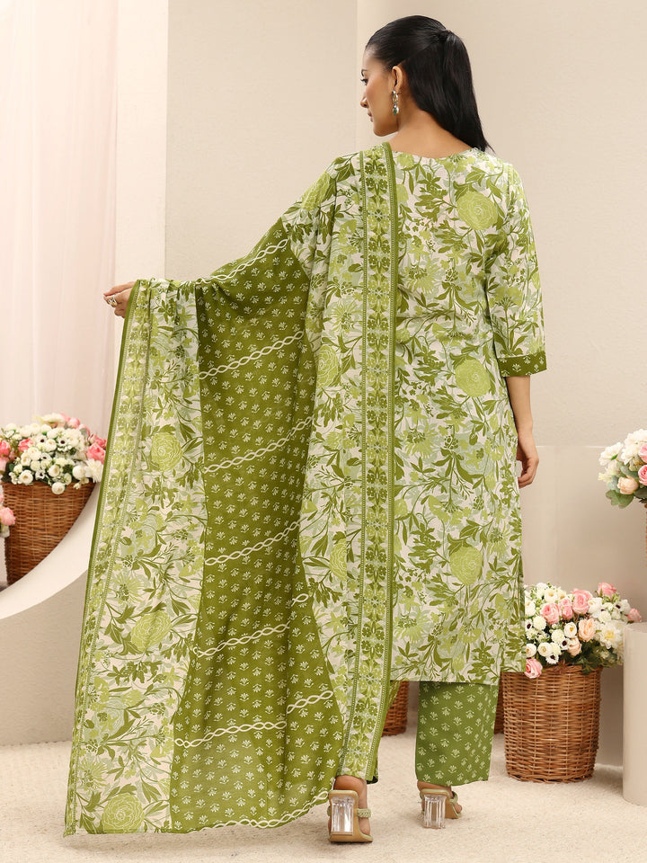 Green Floral Printed Cotton Blend Straight Suit Set With Dupatta