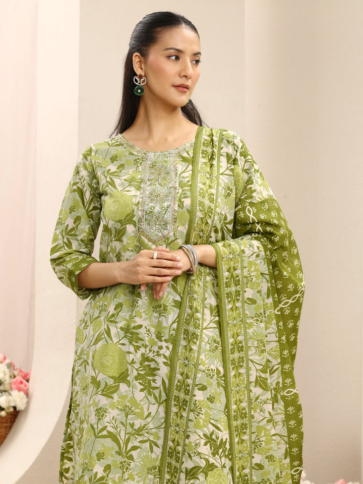 Green Floral Printed Cotton Blend Straight Suit Set With Dupatta