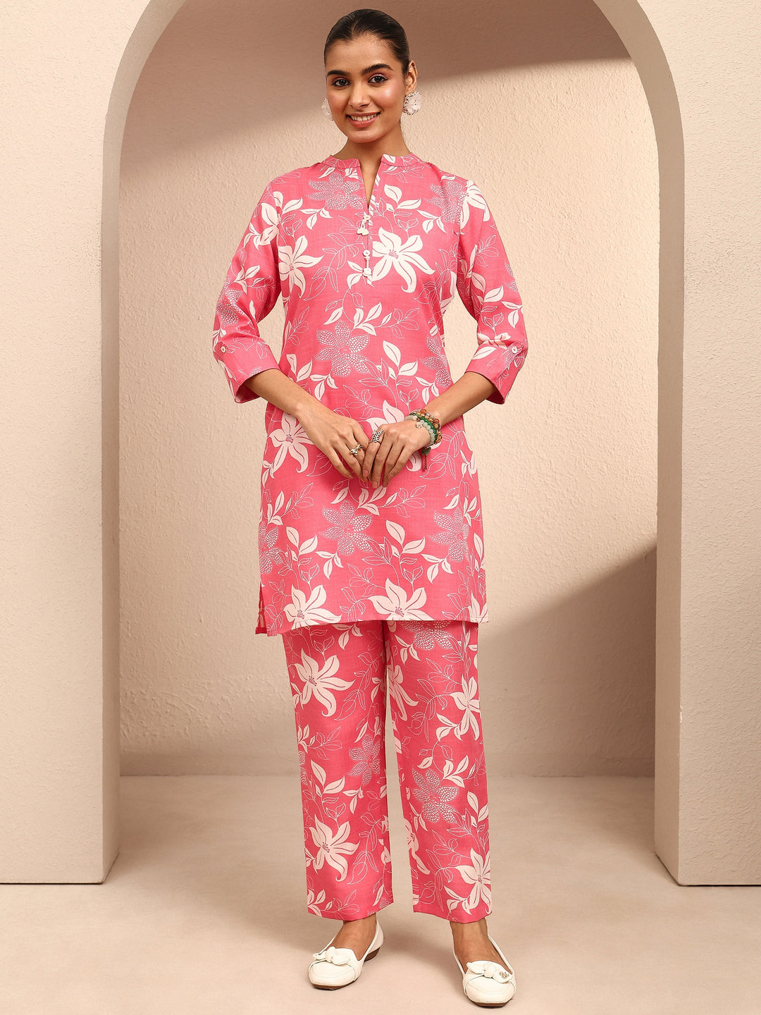 Peach Printed Cotton Blend Co-Ord Set