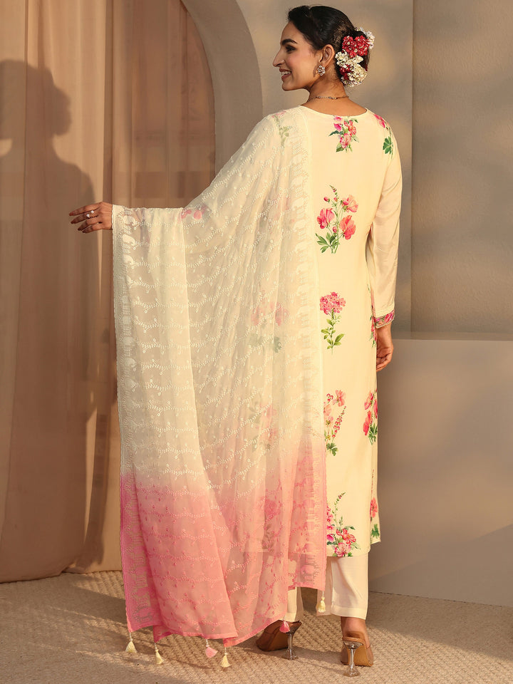 Libas Art Cream Floral Printed Silk Blend Straight Suit Set With Dupatta