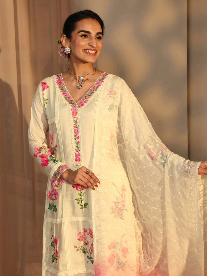 Libas Art Cream Floral Printed Silk Blend Straight Suit Set With Dupatta