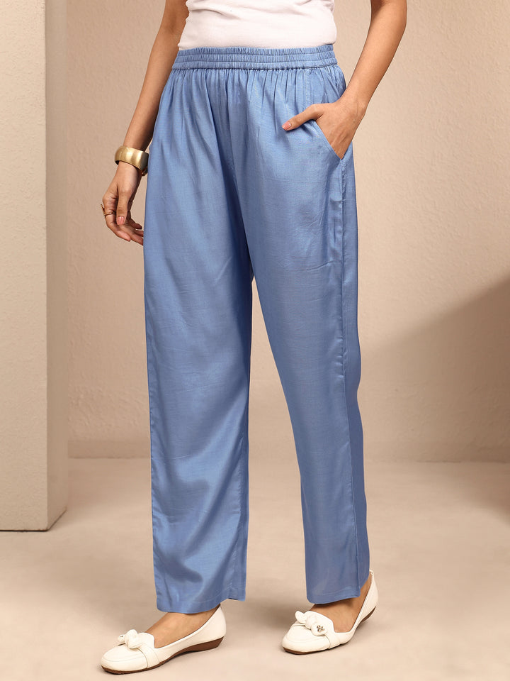 Libas Art Blue Printed Silk Blend Straight Suit Set With Dupatta