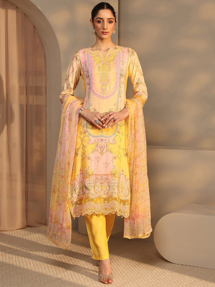 Libas Art Yellow Printed Silk Blend Straight Suit Set With Dupatta