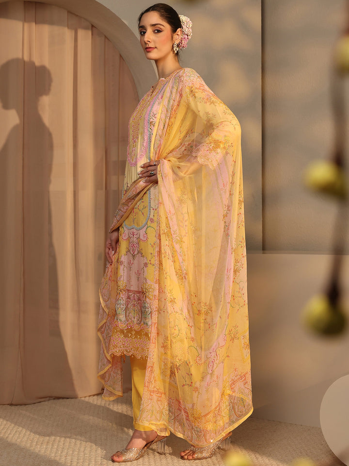Libas Art Yellow Printed Silk Blend Straight Suit Set With Dupatta