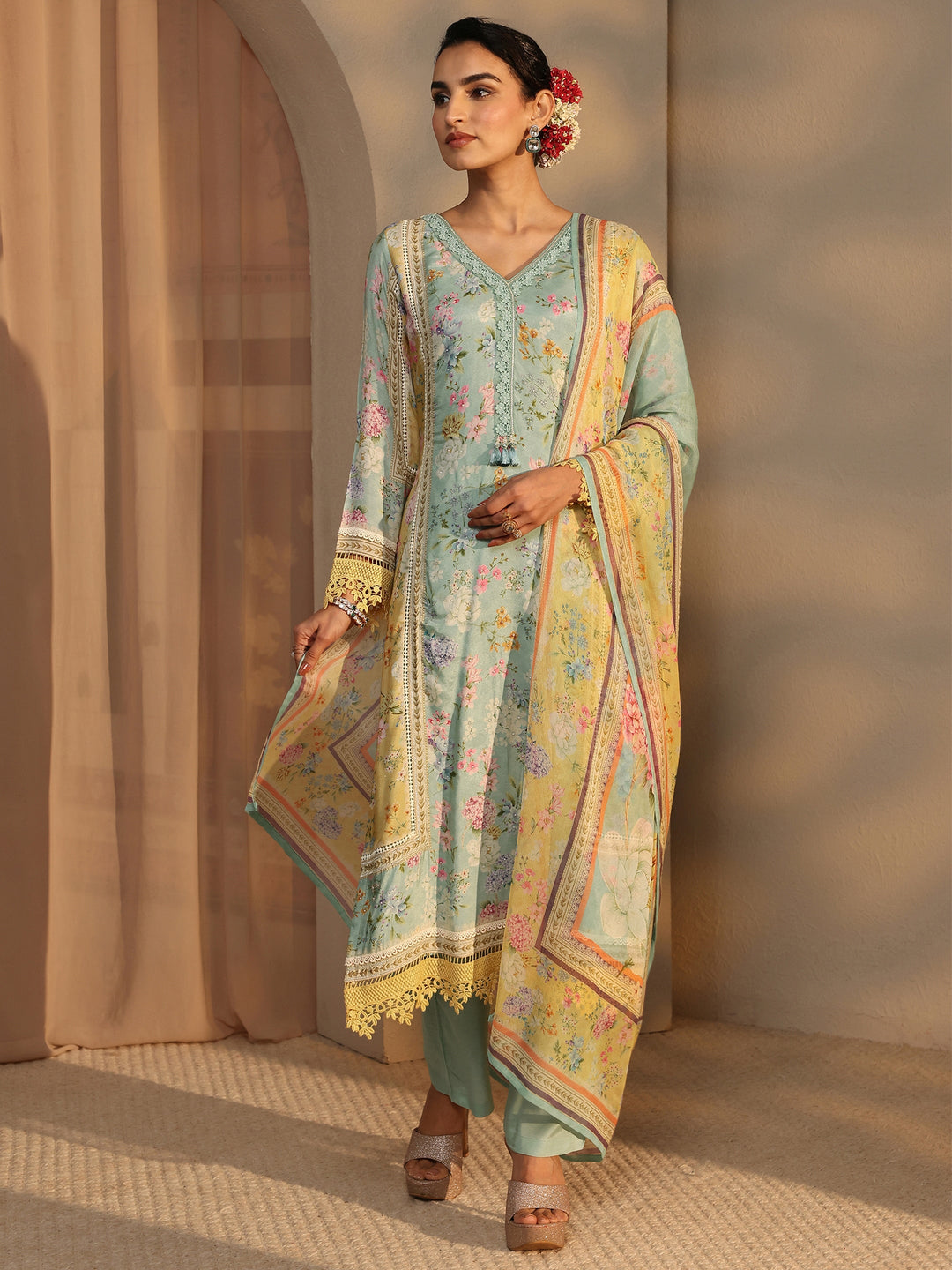 Libas Art Blue Floral Printed Silk Blend Straight Suit Set With Dupatta