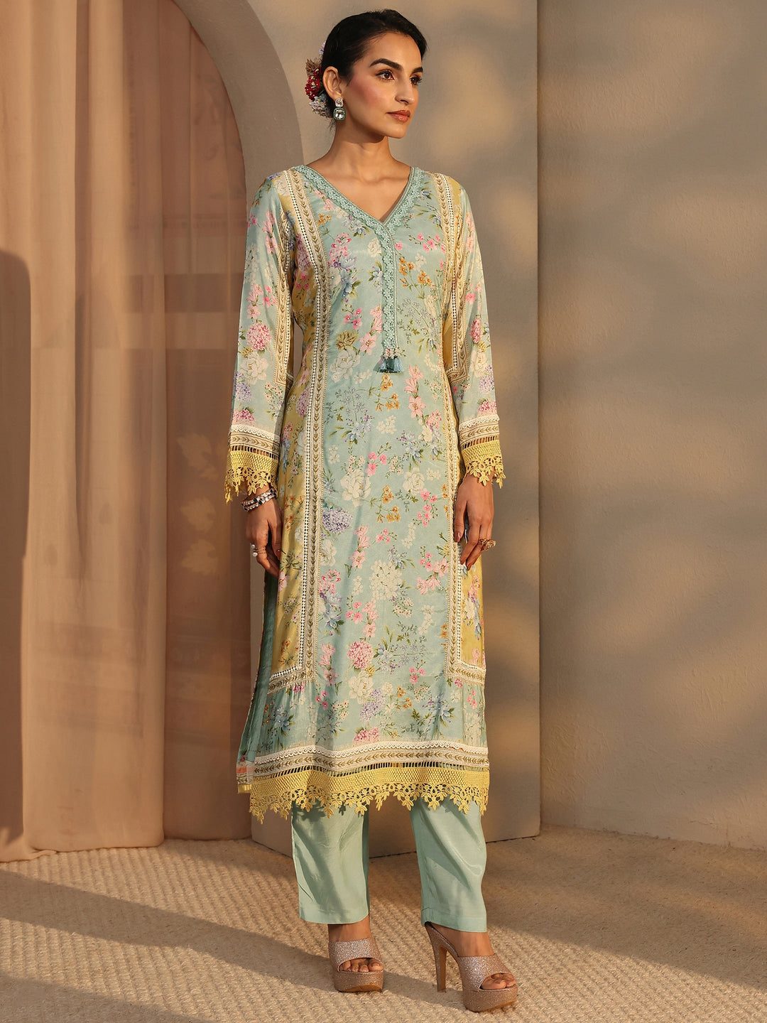 Libas Art Blue Floral Printed Silk Blend Straight Suit Set With Dupatta