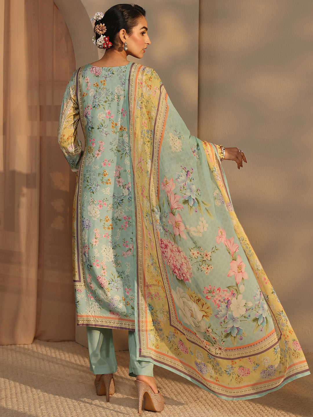 Libas Art Blue Floral Printed Silk Blend Straight Suit Set With Dupatta