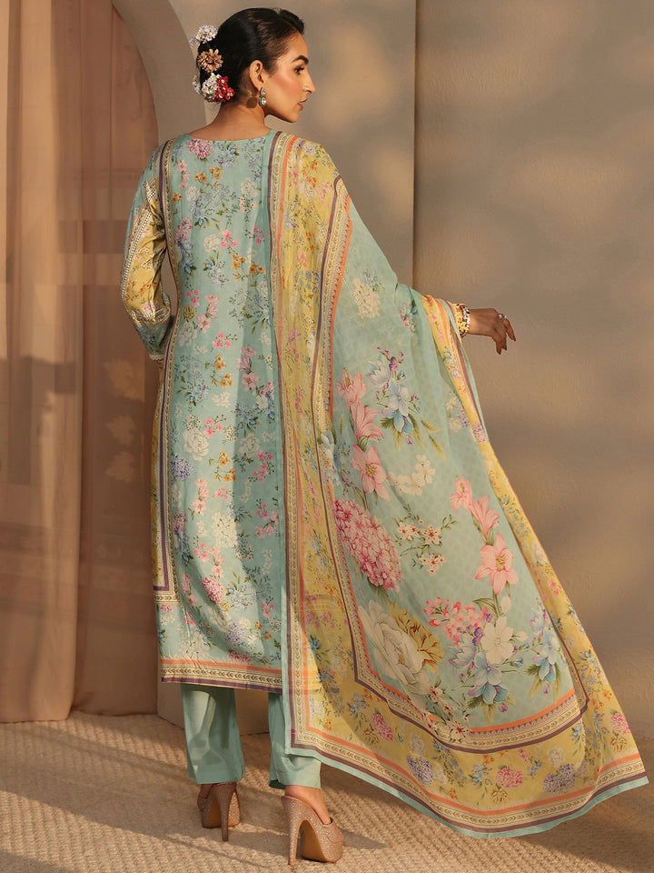 Libas Art Blue Floral Printed Silk Blend Straight Suit Set With Dupatta
