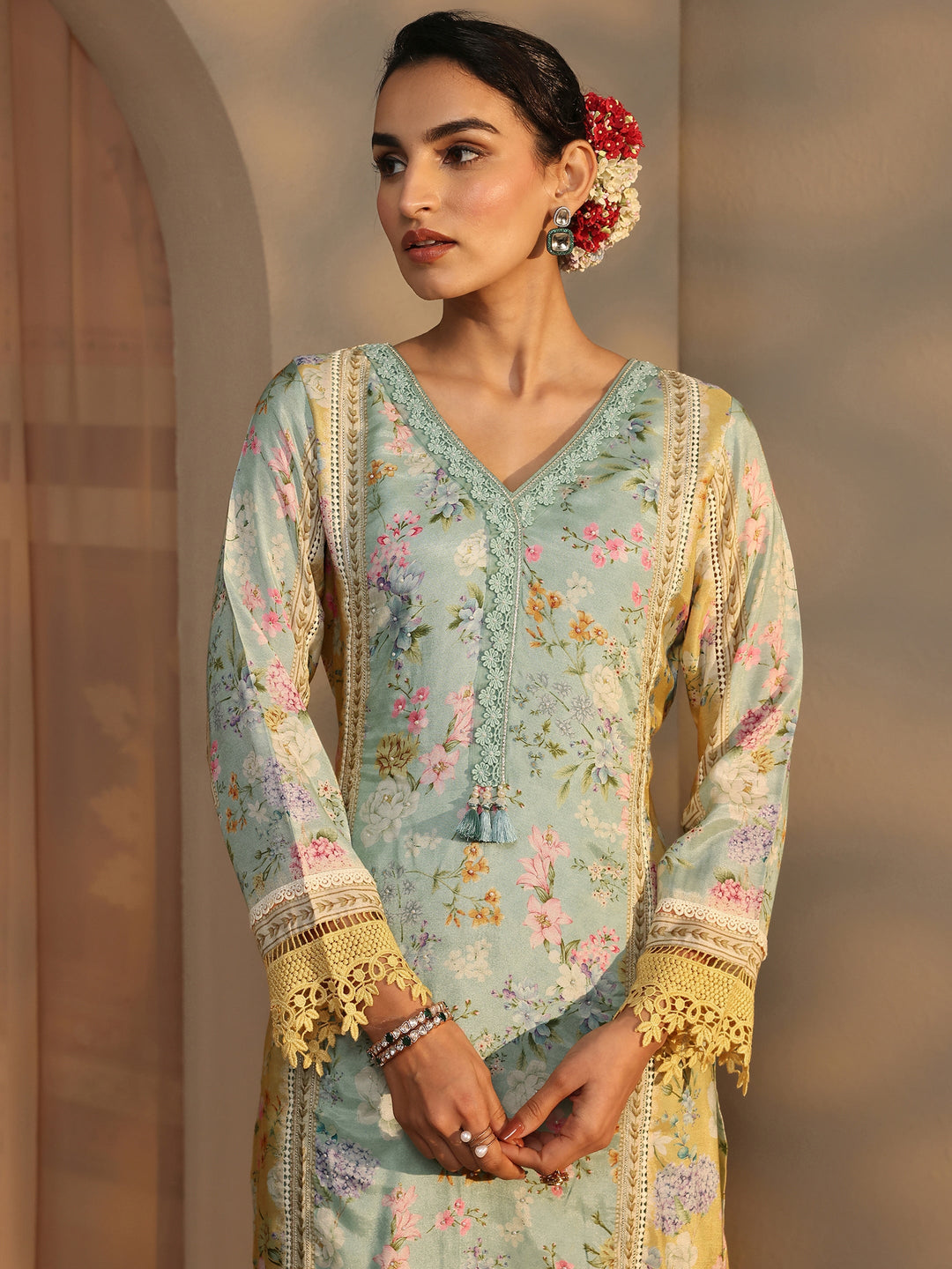 Libas Art Blue Floral Printed Silk Blend Straight Suit Set With Dupatta