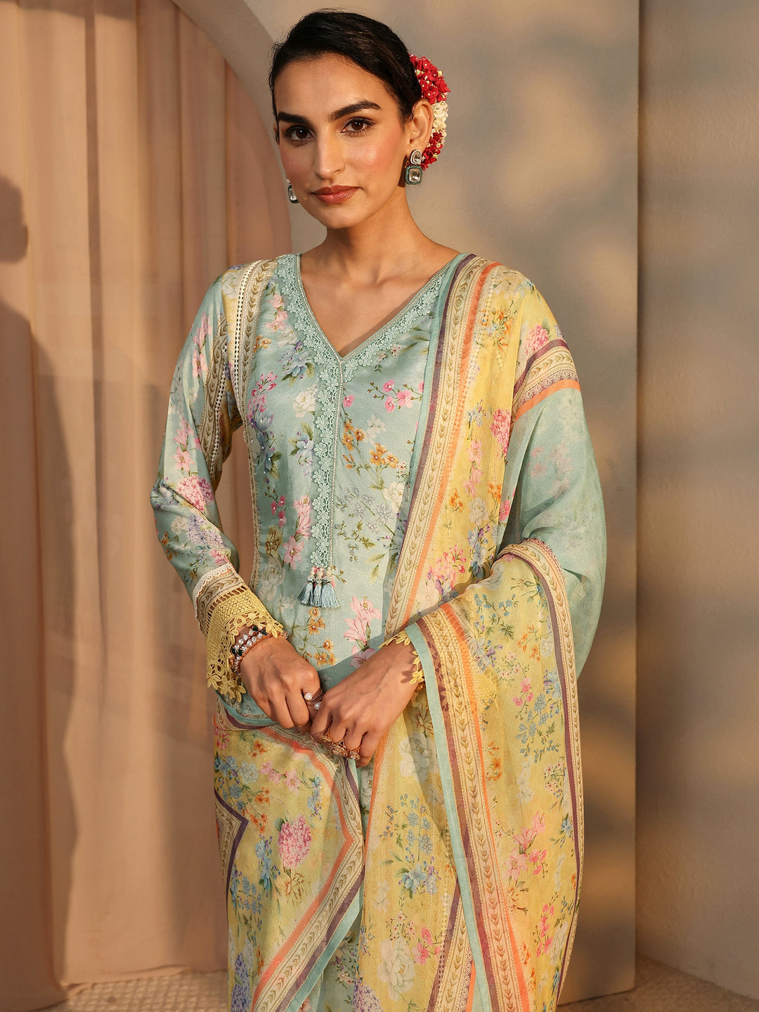 Libas Art Blue Floral Printed Silk Blend Straight Suit Set With Dupatta