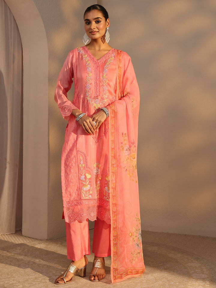 Libas Art Peach Floral Embroidered Organza Straight Suits Set With Dupatta
