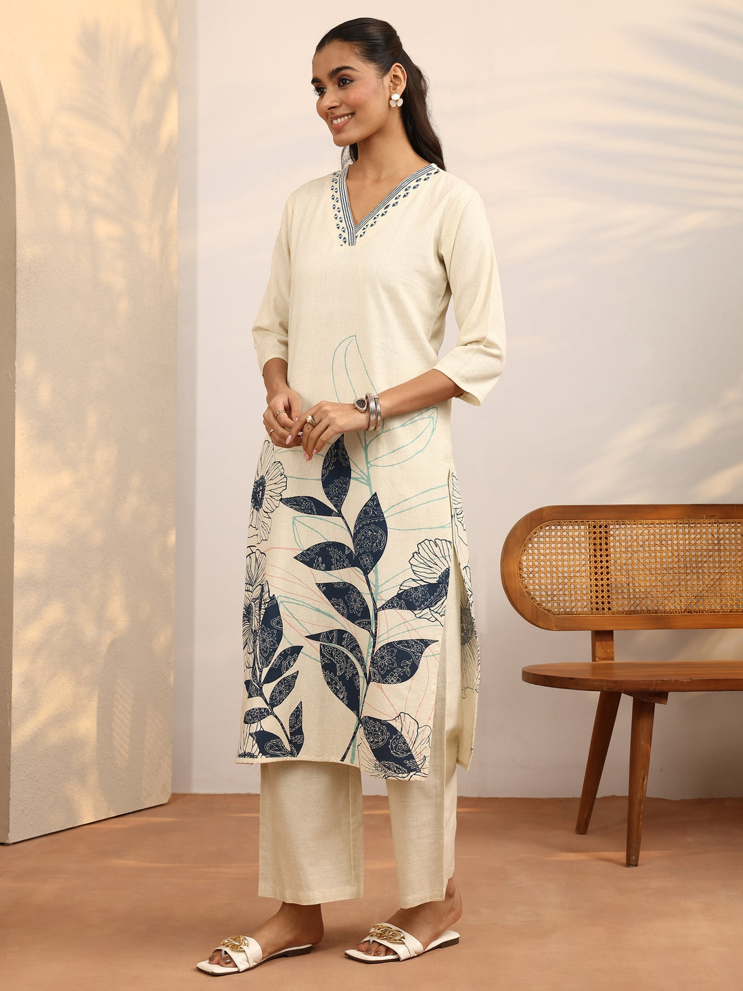 Off White Printed Cotton Blend Straight Kurta Set