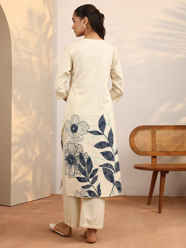 Off White Printed Cotton Blend Straight Kurta Set