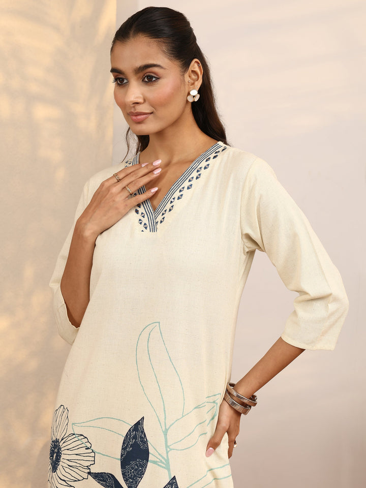Off White Printed Cotton Blend Straight Kurta Set