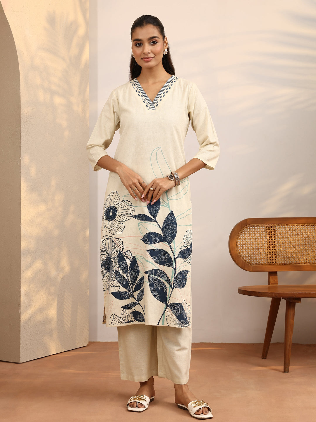 Off White Printed Cotton Blend Straight Kurta Set