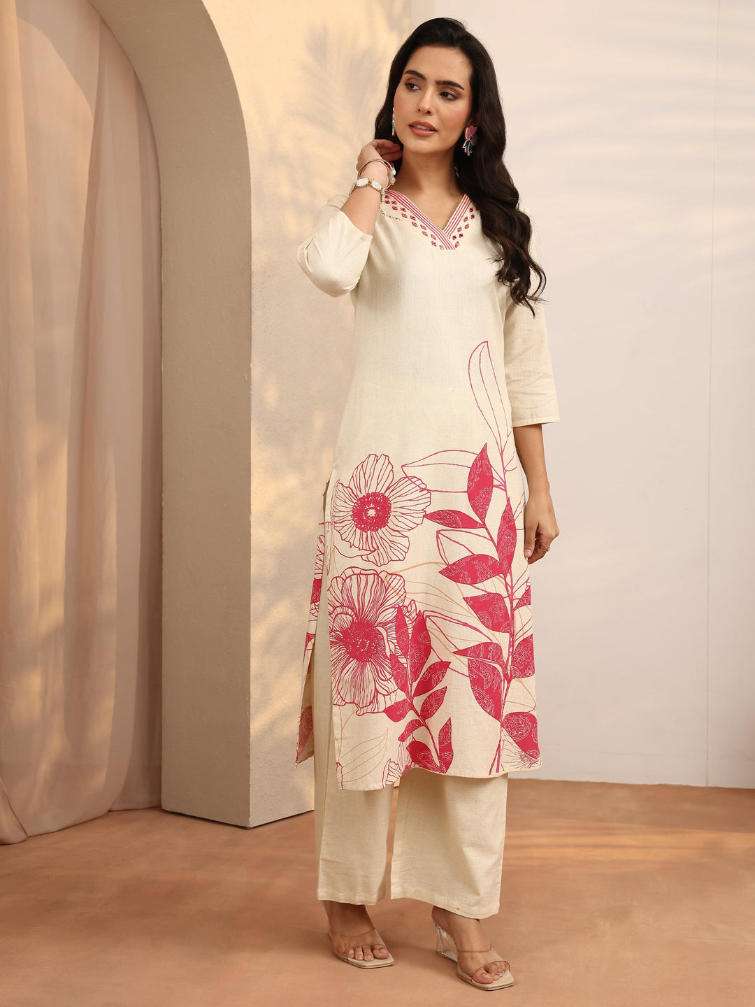 Off White Printed Cotton Blend Straight Kurta Set