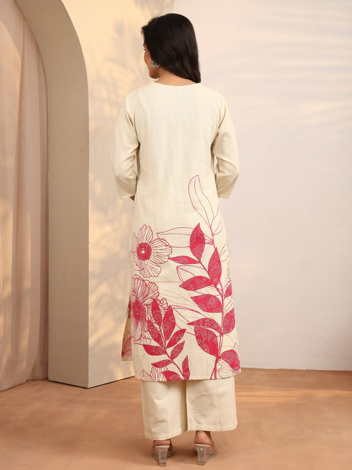 Off White Printed Cotton Blend Straight Kurta Set