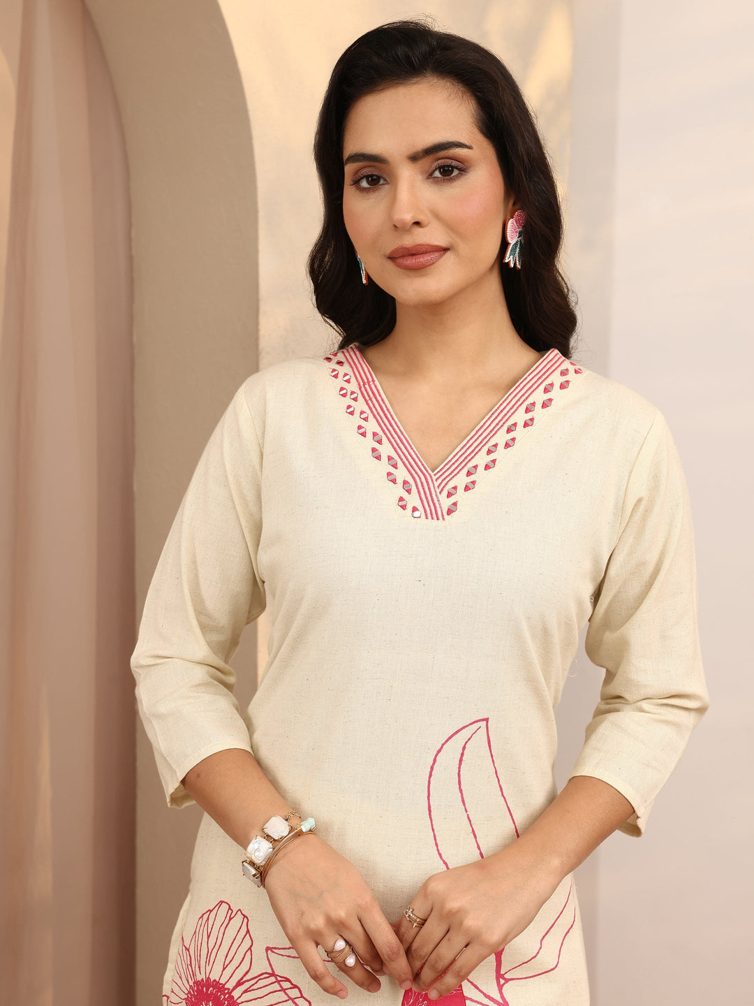 Off White Printed Cotton Blend Straight Kurta Set