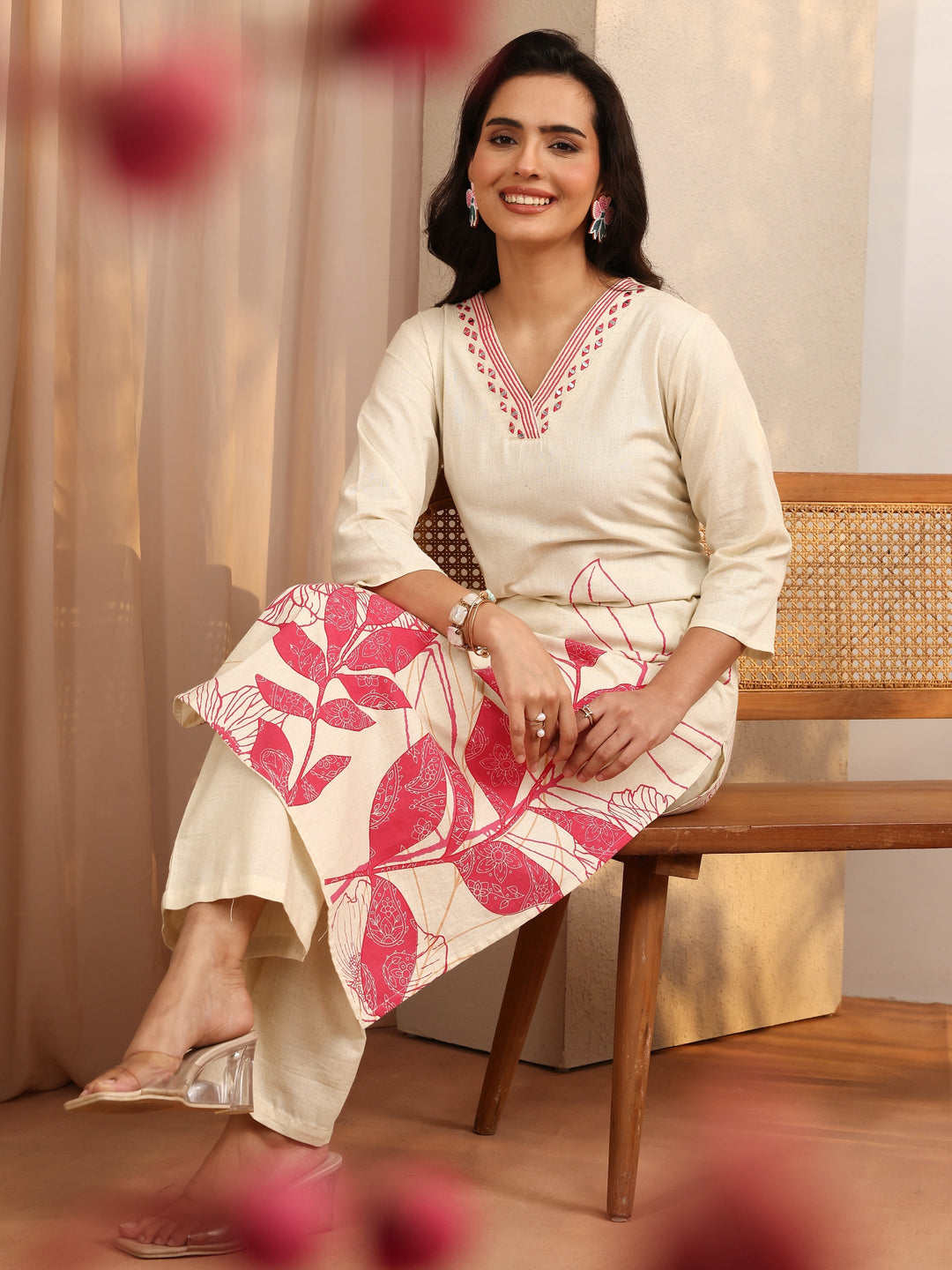 Off White Printed Cotton Blend Straight Kurta Set