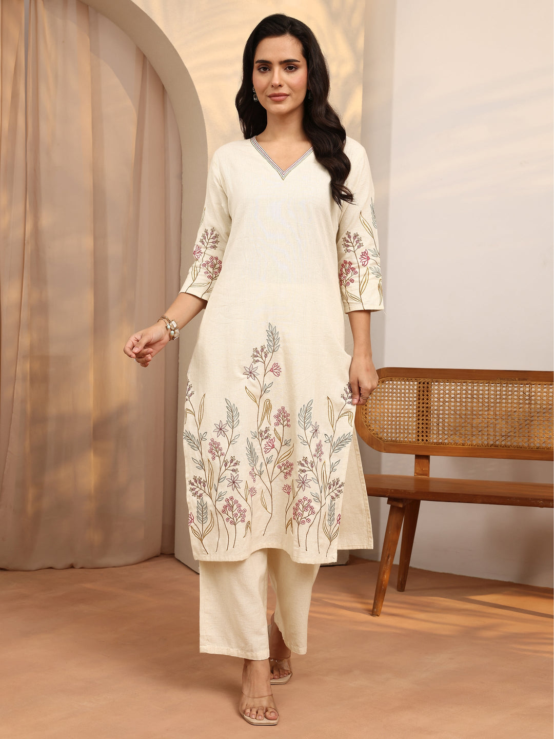Off White Embroidered Cotton Blend Straight Kurta Set
