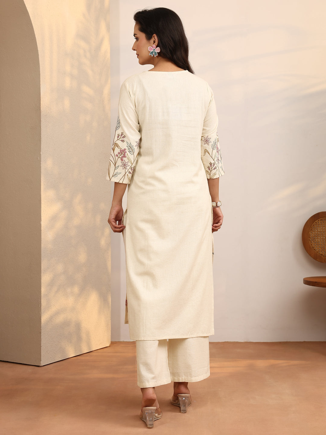 Off White Embroidered Cotton Blend Straight Kurta Set