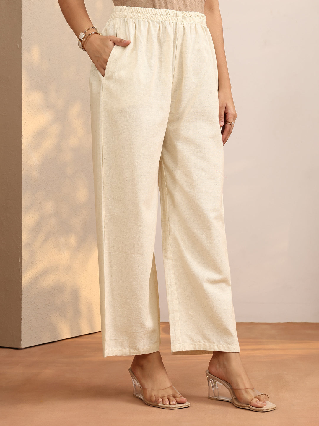 Off White Embroidered Cotton Blend Straight Kurta Set