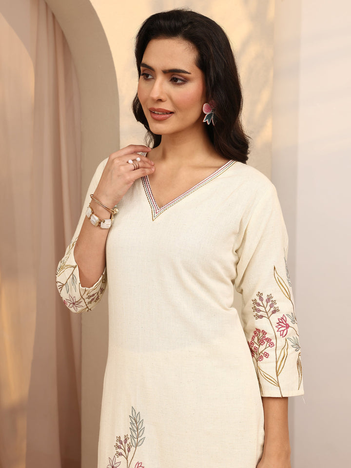 Off White Embroidered Cotton Blend Straight Kurta Set